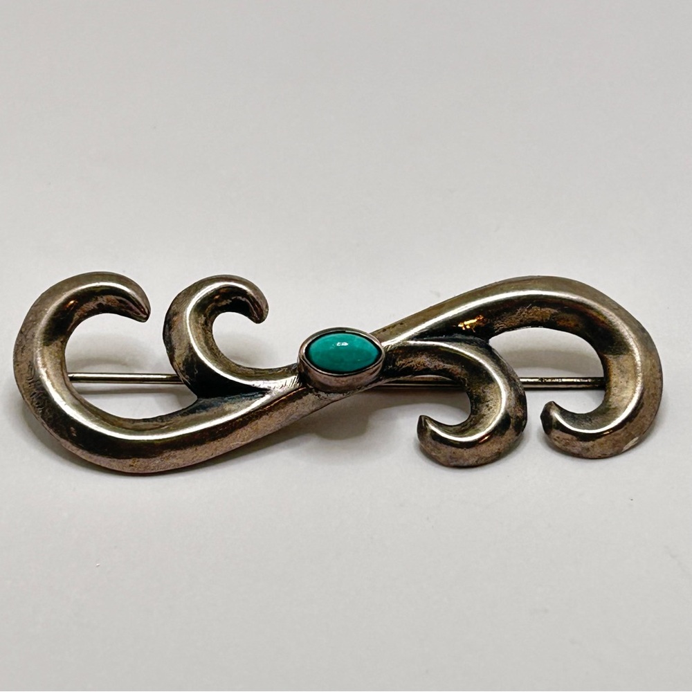 Vintage Sandcast Silver Brooch with Turquoise Stone